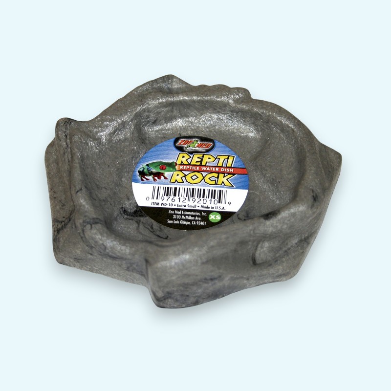 Grey Repti Rock water bowl with stone look and label from the brand Zoo Med.